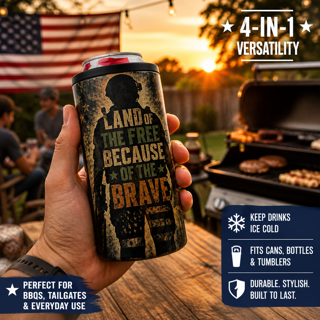 "Land of the Brave" 4-in-1 Can Cooler w/ Built In Bottle Opener
