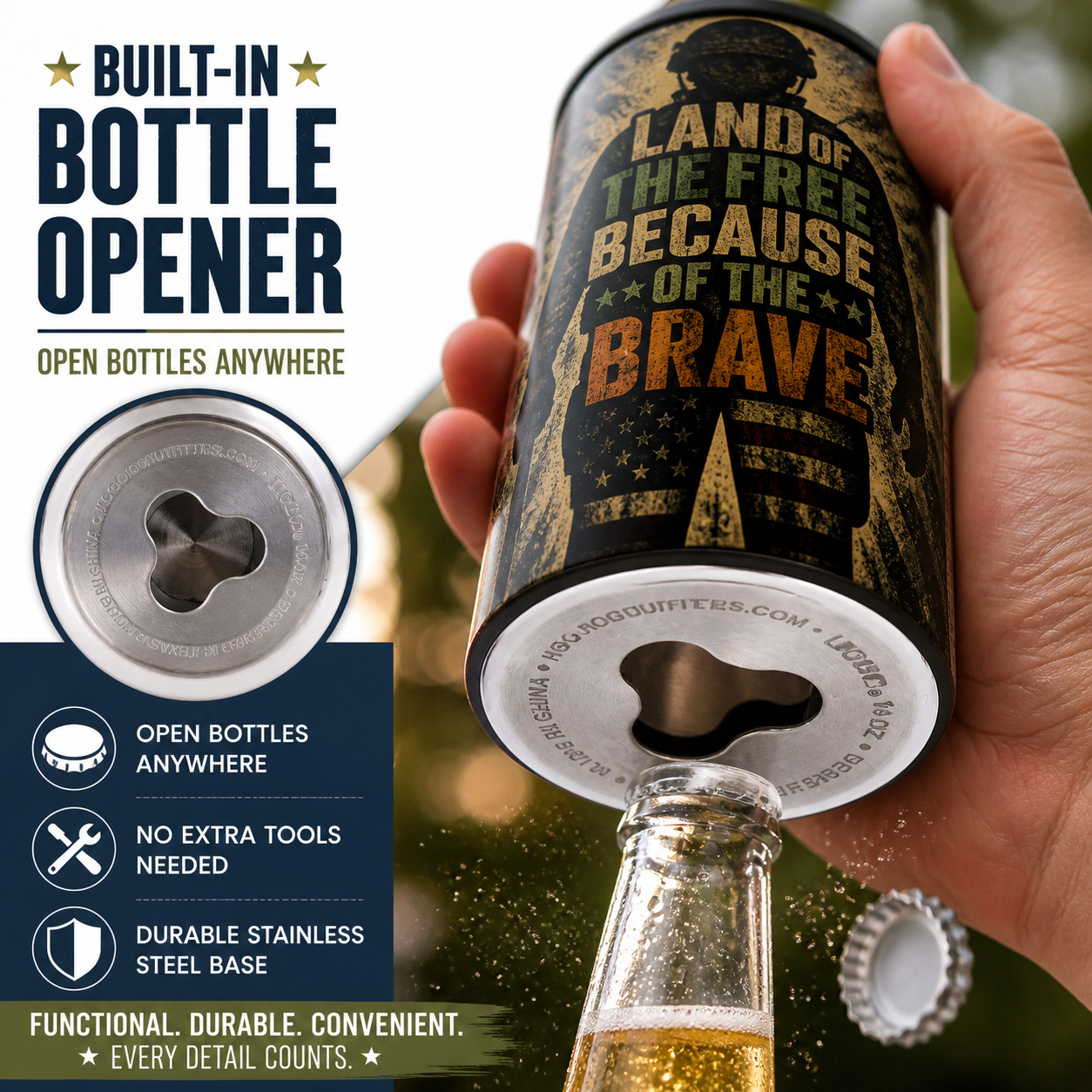 "Land of the Brave" 4-in-1 Can Cooler w/ Built In Bottle Opener
