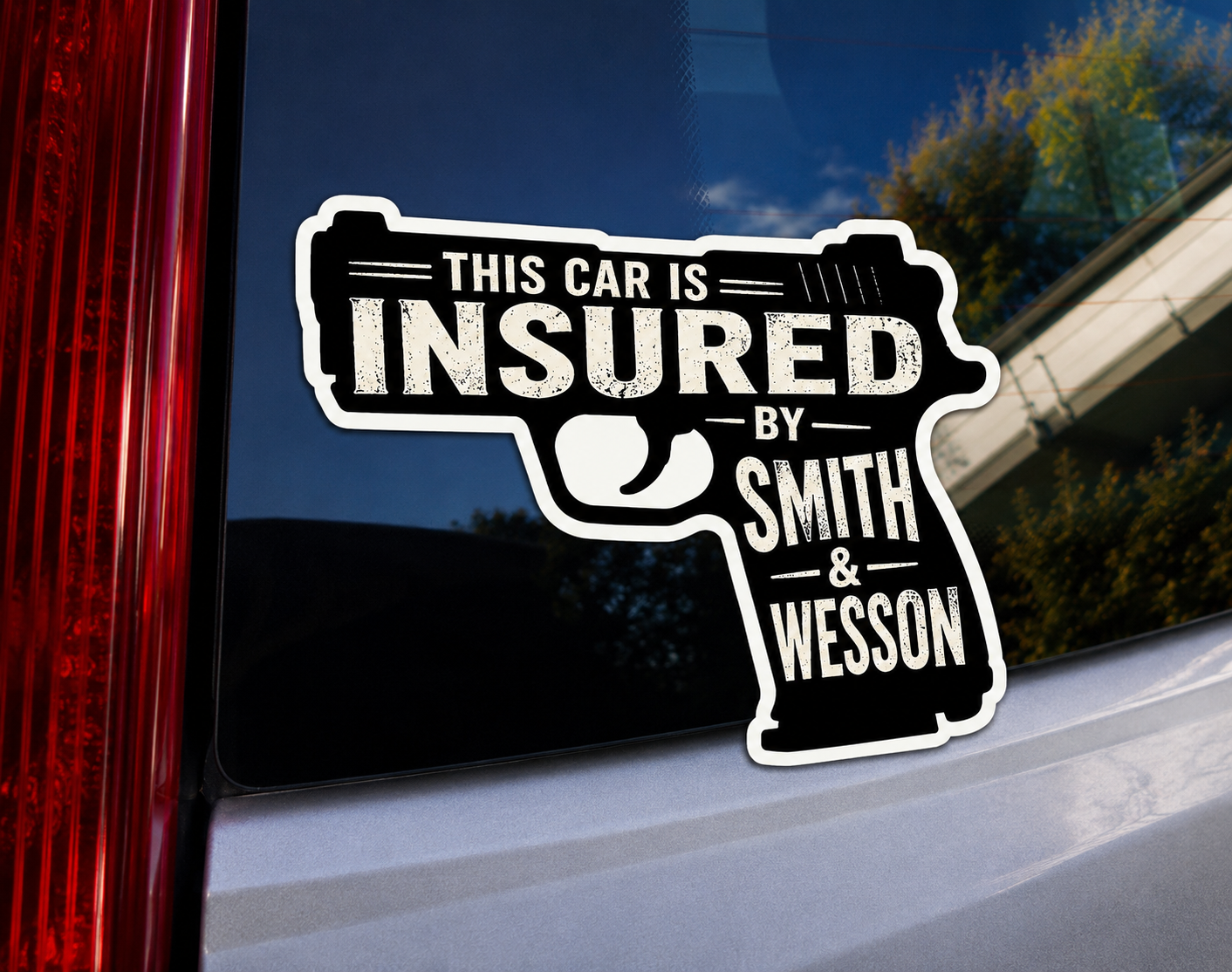"This Car Is Insured By Smith & Wesson" Vinyl Bumper Sticker Pro Gun 2nd Amendment Car Decal