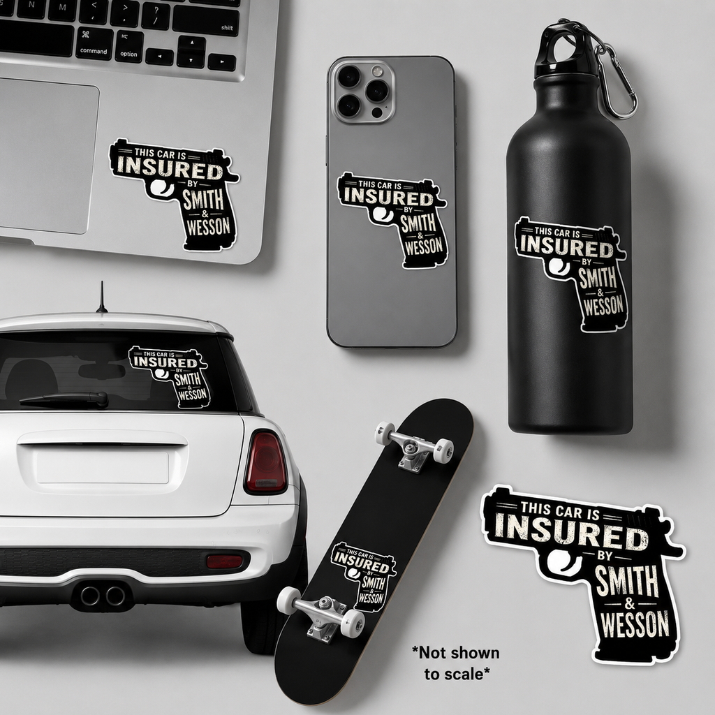 "This Car Is Insured By Smith & Wesson" Vinyl Bumper Sticker Pro Gun 2nd Amendment Car Decal