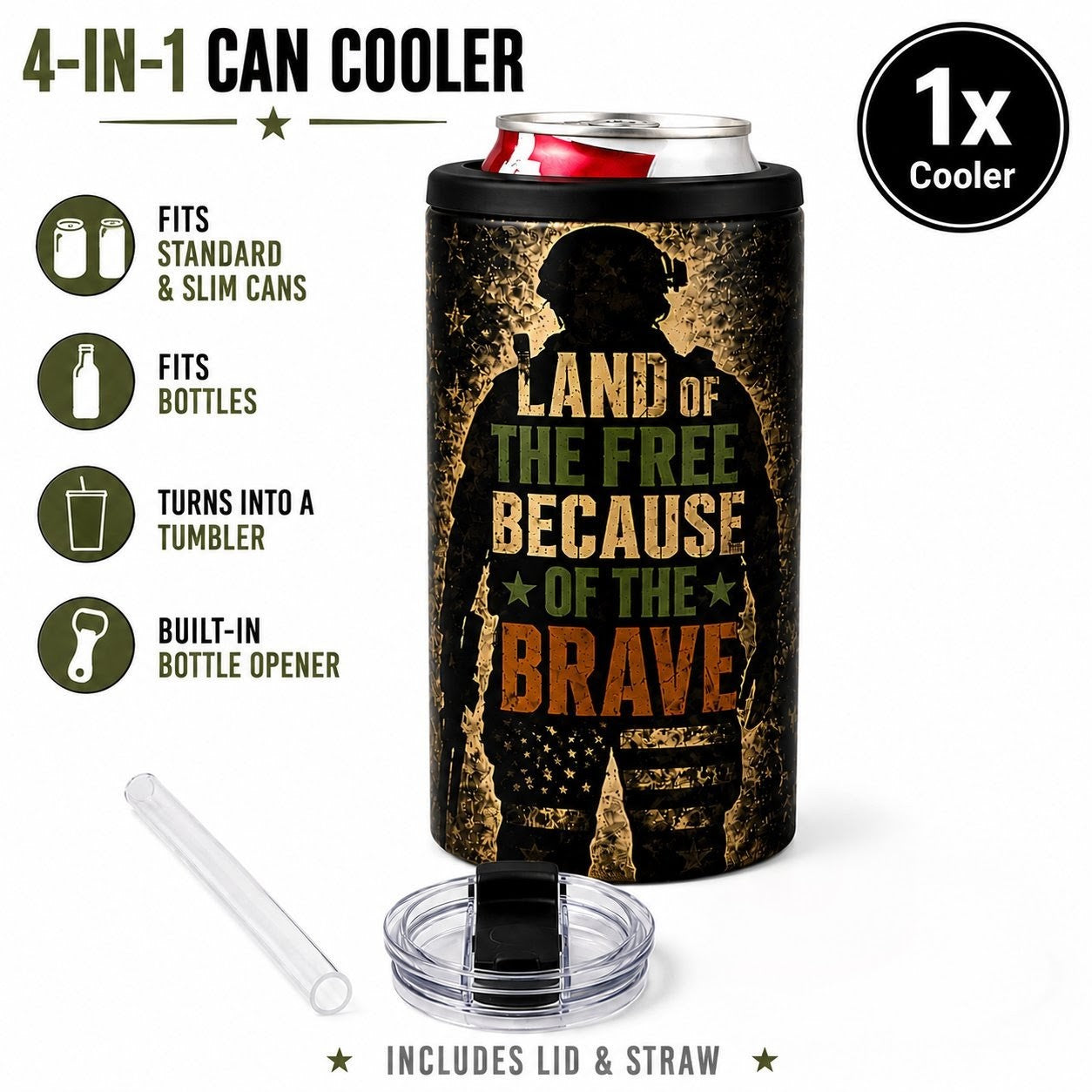 "Land of the Brave" 4-in-1 Can Cooler w/ Built In Bottle Opener
