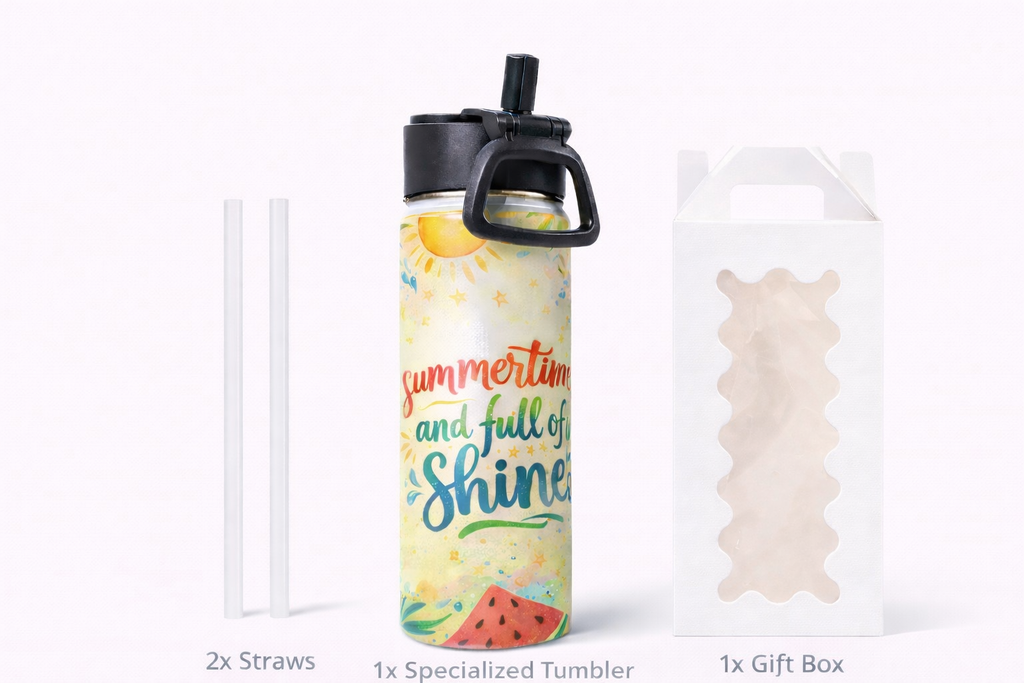 Summer Themed 22oz Stainless Steel Insulated Water Bottle Tumbler Gift Set W/ 2ct Straw & Lid