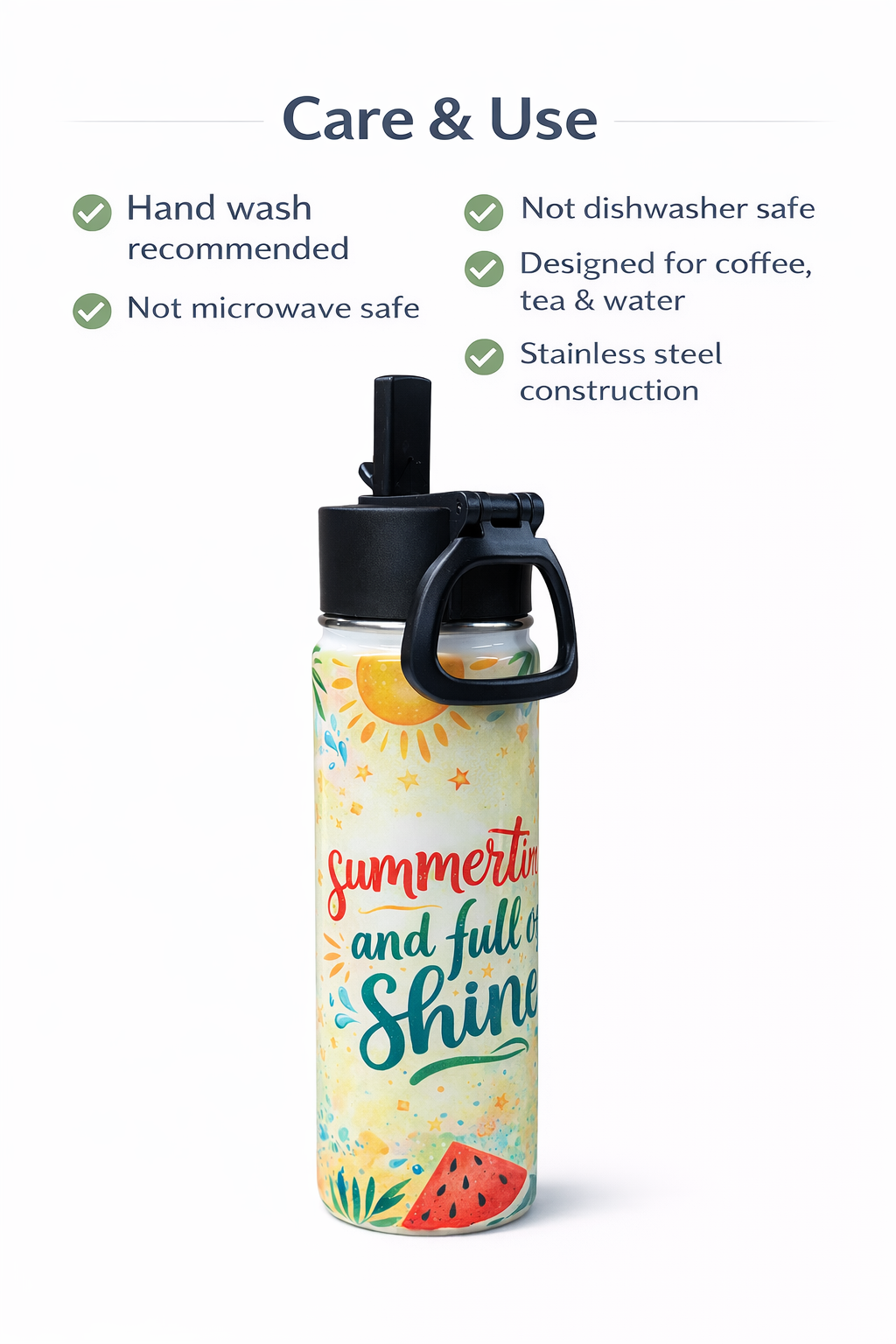 Summer Themed 22oz Stainless Steel Insulated Water Bottle Tumbler Gift Set W/ 2ct Straw & Lid