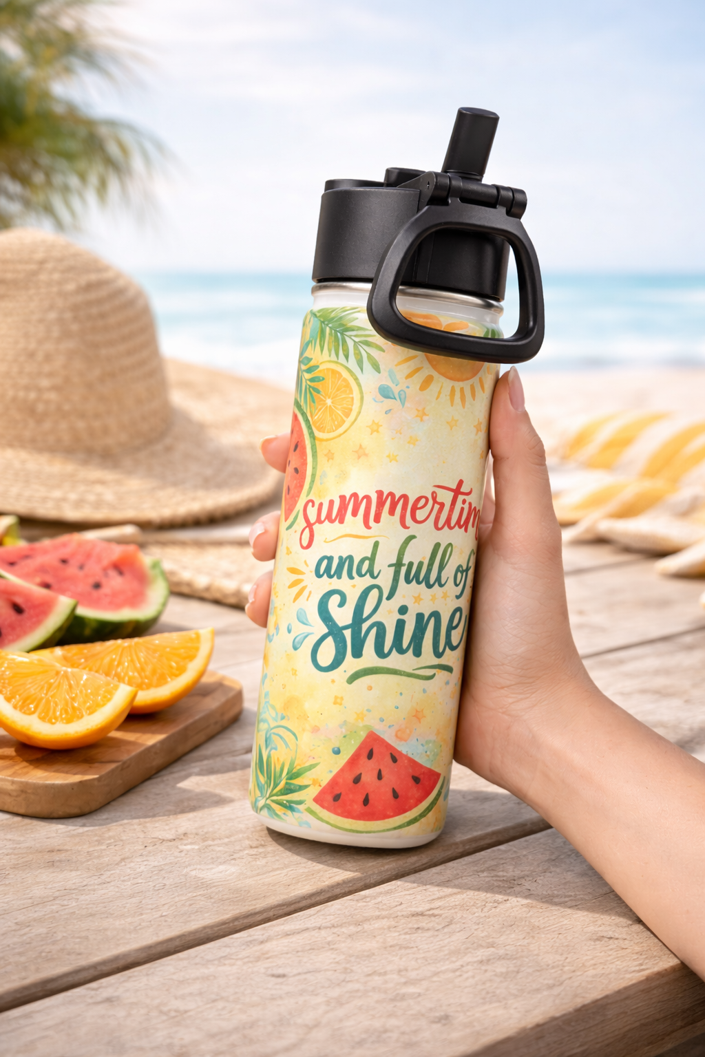 Summer Themed 22oz Stainless Steel Insulated Water Bottle Tumbler Gift Set W/ 2ct Straw & Lid