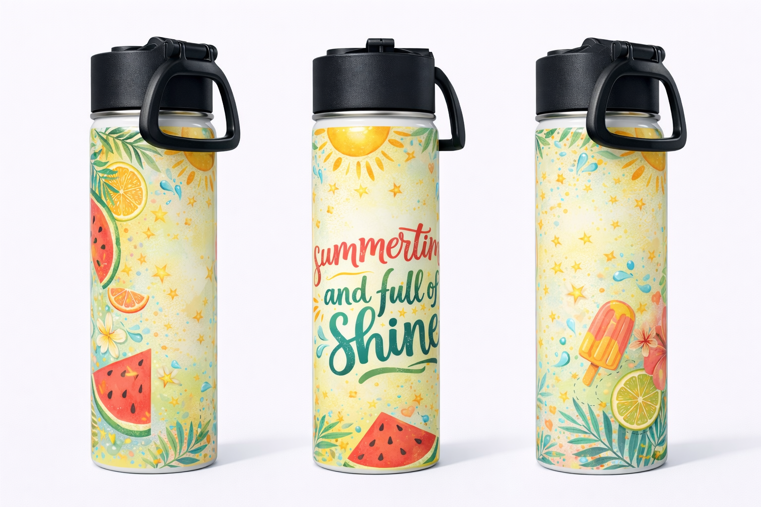 Summer Themed 22oz Stainless Steel Insulated Water Bottle Tumbler Gift Set W/ 2ct Straw & Lid